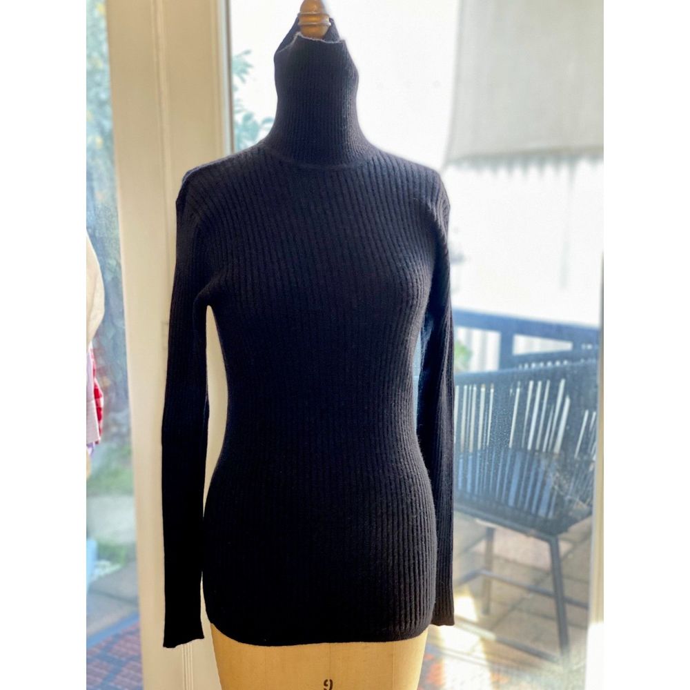 VTG Charter Club Black Cashmere Ribbed Turtleneck SZ L Made in British Hong Kong